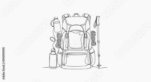 A minimalist line art illustration of a hiking backpack with outdoor gear