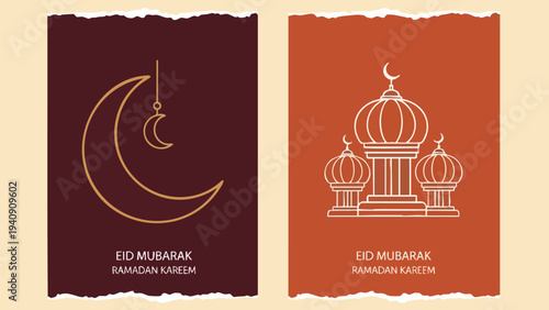 Eid Mubarak. Ramadan Kareem. Islamic Crescent Moon and Mosque. Religious Holiday Greeting Cards.