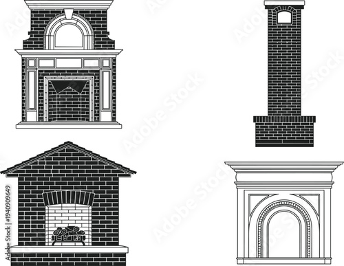 Classic fireplace and chimney architectural elements collection featuring vintage hearths, mantels, and masonry designs illustrated in detailed black line art