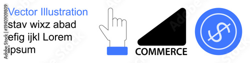 E-commerce, digital transactions, business, user interface, online shopping, payment systems. Cursor hand pointing, money symbol commerce icon. E-commerce and digital transactions concept