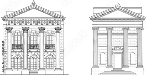 Classical neoclassical building facades with columns and pediments illustrated in detailed vintage line art architectural style isolated on white background
