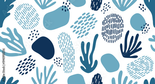 Blue Scandinavian Abstract Seamless Pattern with Organic Shapes
