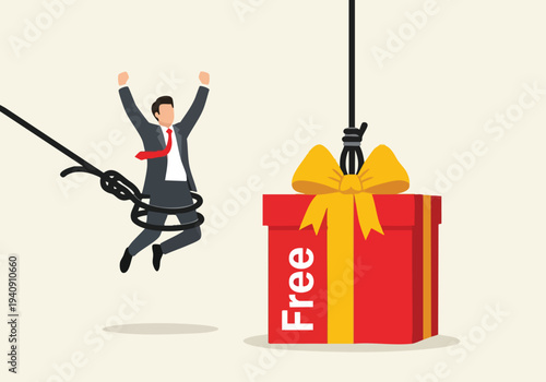 Businessman lured by free gift trap. Concept of scam and deception. Flat illustration.
