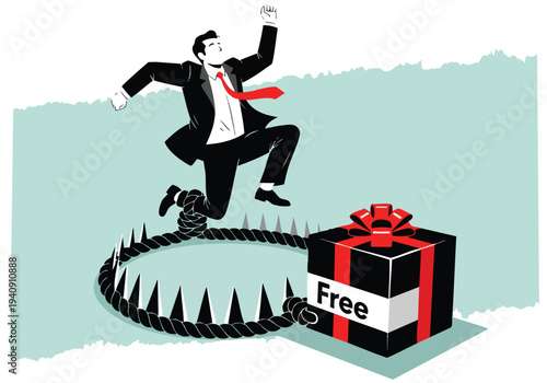 Businessman jumping over trap towards free gift box. Business risk and reward concept.