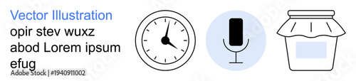 Productivity, food storage, communication, time management, podcasting, minimal design. Line art of clock, microphone and jar. Productivity and communication concepts