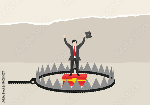 Businessman in bear trap. Business risk concept. Danger of success. Financial strategy illustration.