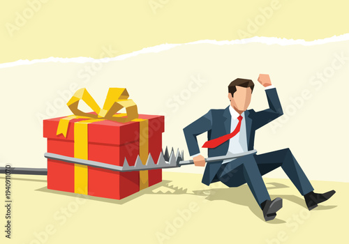 Businessman caught in trap. Deceptive gift box. Business risk illustration. Financial fraud concept.