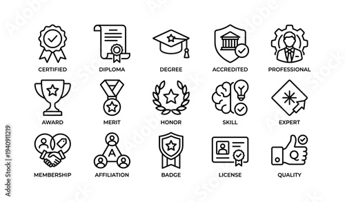 Certification icons: diploma, degree, accredited, professional, award, merit, honor, skill, membership