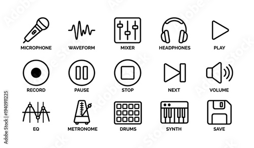 Audio equipment icons: microphone, headphones, synth, metronome, mixer