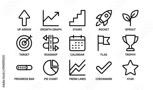 Set of business icons including arrow, graph, rocket, and trophy