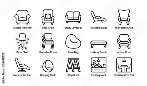Assorted chair icons collection featuring modern and classic designs