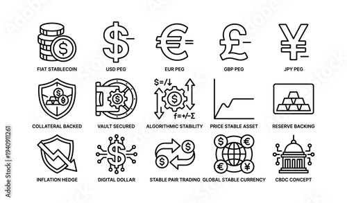 Icons depicting stablecoin elements and financial concepts
