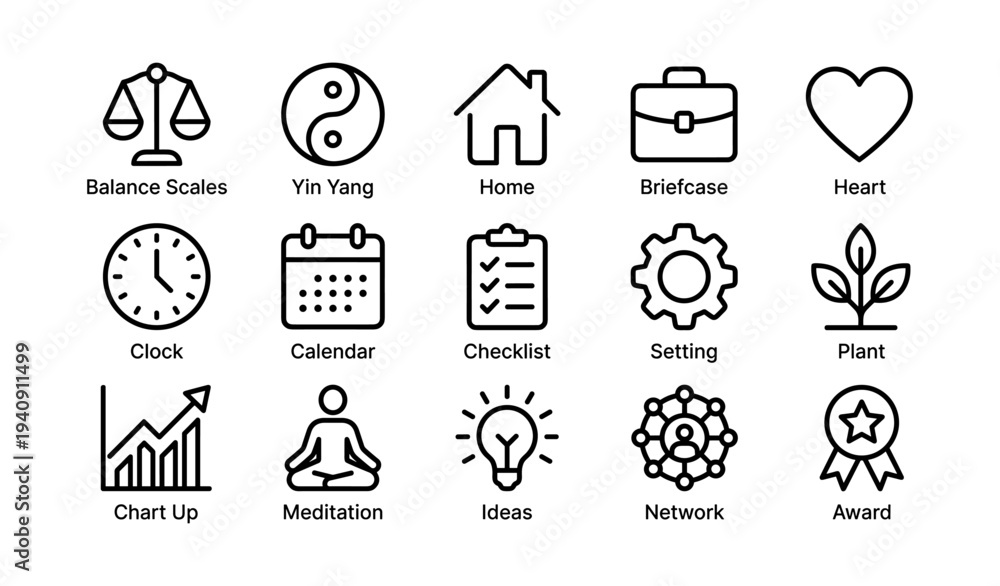 Fototapeta premium Icon set: balance, yin yang, home, briefcase, heart, clock, calendar, checklist, setting, plant