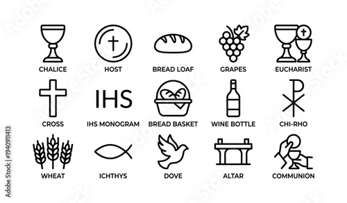Christian symbols: eucharist elements including chalice, cross, ihs, bread, grapes, dove, altar