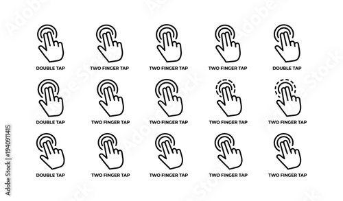 Touch gesture icons set: double tap and two finger tap symbols for user interface design