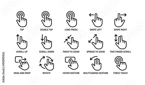 Touchscreen gesture icons: tap, swipe, scroll, zoom, drag, rotate, hover