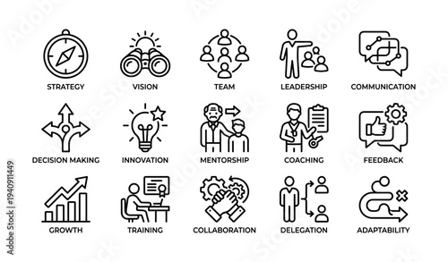 Icon set illustrating strategy, vision, and leadership in business communication and growth