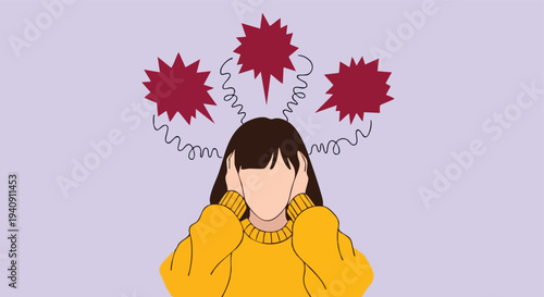 Woman covering ears from loud noise. Stress, anxiety, mental health concept.