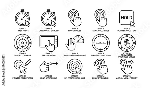 Set of 15 icon illustrations depicting various hand gestures and interface elements