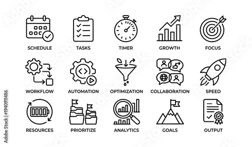 Business icons for productivity and efficiency: schedule, tasks, timer, growth, focus