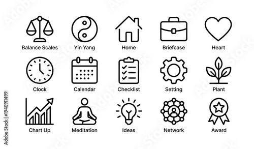 Icon set: balance, yin yang, home, briefcase, heart, clock, calendar, checklist, setting, plant