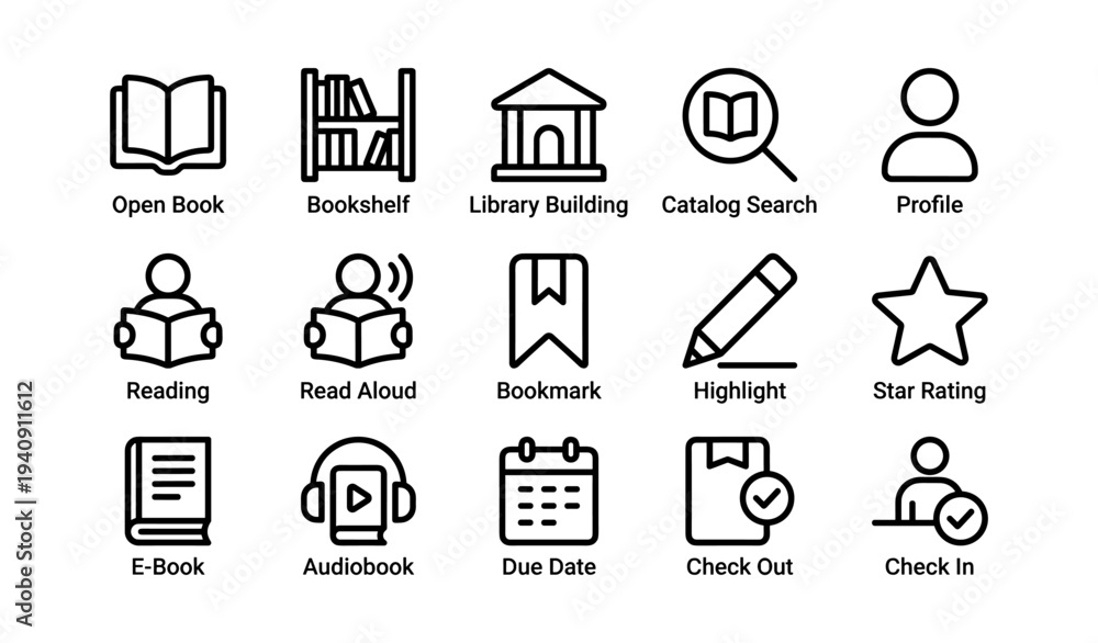 Fototapeta premium Library icons set: bookshelves, reading, audiobook, check out, bookmark