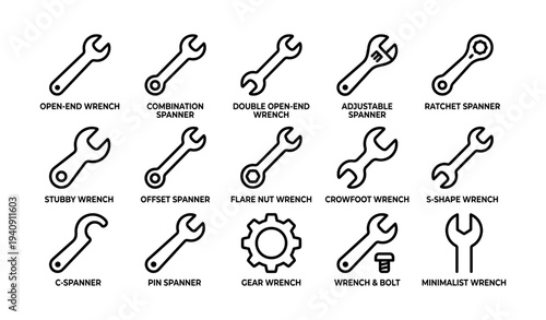 Variety of wrenches and spanners illustrated in simple line icons