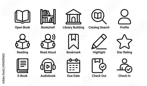 Library icons set: bookshelves, reading, audiobook, check out, bookmark