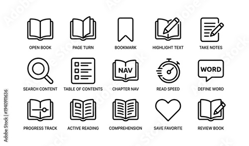 Icon set: open books, bookmarks, highlighting, note-taking, content navigation