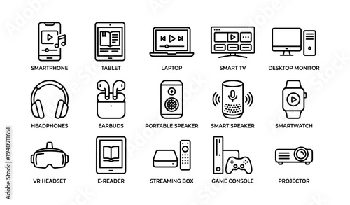 Electronic devices icon set: smartphone, tablet, laptop, smart tv, and more