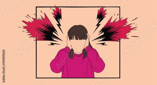 Girl covering ears, loud noise, stress, mental health concept