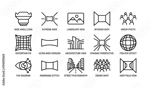 Icon set of photography techniques and perspectives