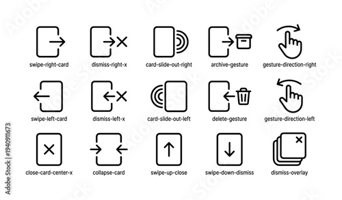 Gesture icons set: swipe, dismiss, card actions, archive, delete, overlay