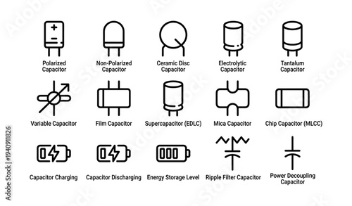 Different capacitor types and symbols for electronics design