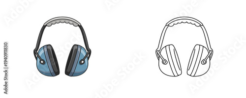 Protective earmuffs in flat colored and linear cartoon style with blue cups and grey headband used for noise reduction in loud environments on a clean white background