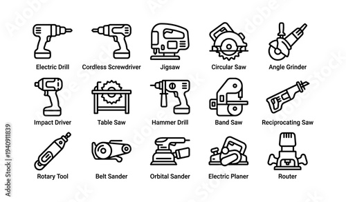 Various power tools icons: electric drill, jigsaw, circular saw, router, sander