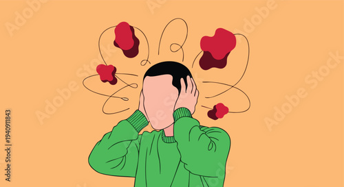 Man with hands on ears, overwhelmed by chaotic thoughts and red abstract shapes.