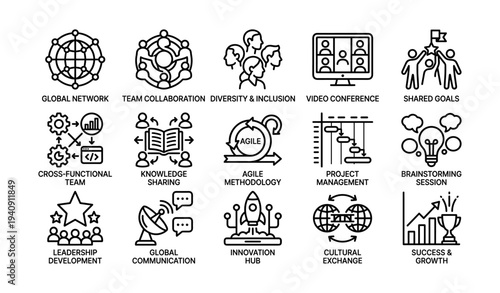 Global collaboration icons set illustrating teamwork and innovation strategies