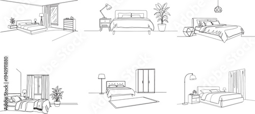 line drawing of various bedrooms with furniture and plants