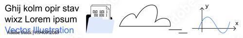 Data analysis, cloud computing, file sharing, information storage, digital systems, statistics. File icon next to a cloud and graph. Data analysis and cloud computing visual concept