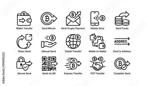 Cryptocurrency transaction icons: wallet, bitcoin, global transfers, secure exchange, qr codes