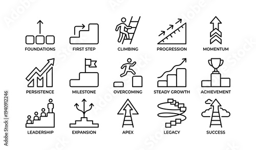 Icons depicting growth and achievement concepts with arrows and graphs