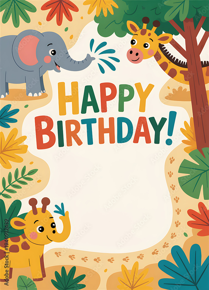 Naklejka premium Playful Children's Jungle Birthday Card Design Featuring Cartoon Elephant and Giraffe