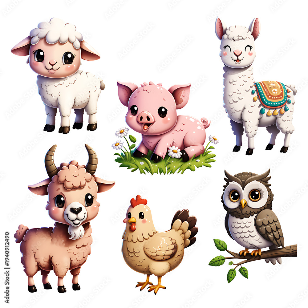 Naklejka premium Colorful Cartoon Farm Animals in Pastoral Nature: Sheep, Pig, Llama, Goat, Chicken, and Owl in Playful Children's Art Illustrations