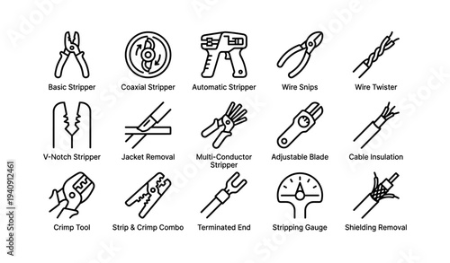 Essential tools for cable and wire work: strippers, snips, crimpers, and more icons