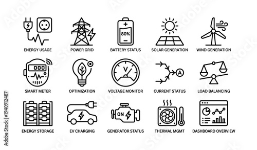 Energy management icons: solar, wind, battery, and power grid symbols
