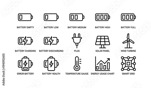 Battery icons and renewable energy symbols for efficient power management