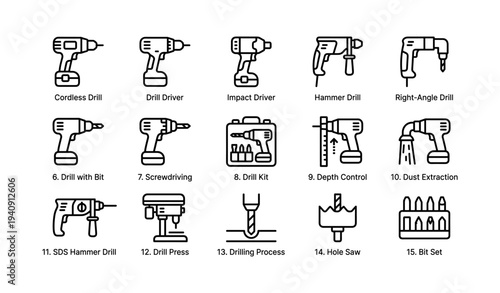 Drill types: cordless, impact, hammer, right-angle, and more with accessories
