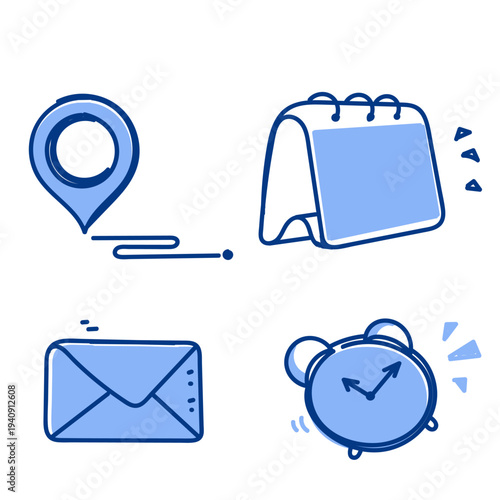 line art illustration featuring an alarm clock, calendar, email envelope, and map pin pointer. Perfect for website contact pages, daily planners, and business communication designs