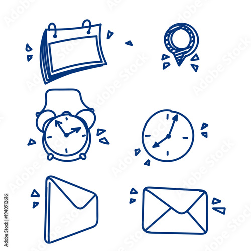 line art illustration featuring an alarm clock, calendar, email envelope, and map pin pointer. Perfect for website contact pages, daily planners, and business communication designs